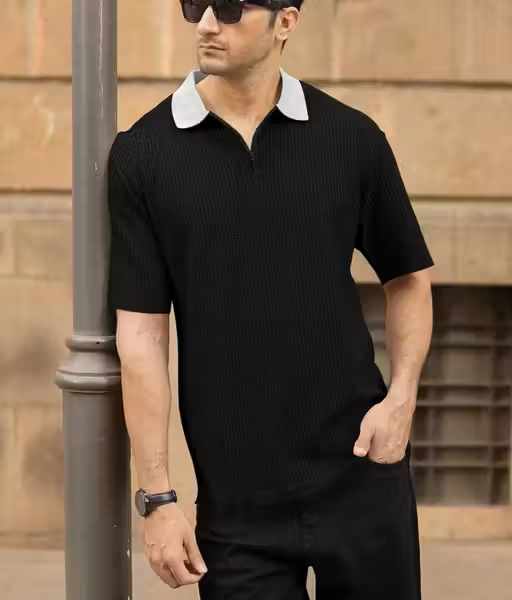 Classic Luxe Black Polo With White Collar Zipper edition