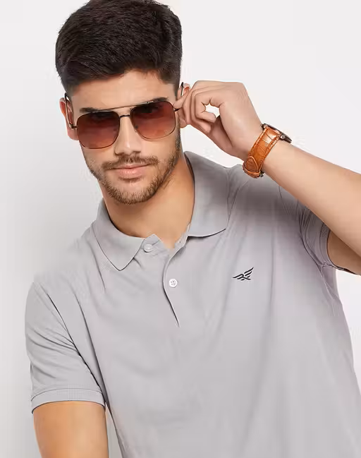 Cotton Gray Half Sleeves Solid Polo T-shirt