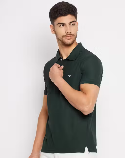Cotton Olive Green Half Sleeves Solid Polo T-shirt