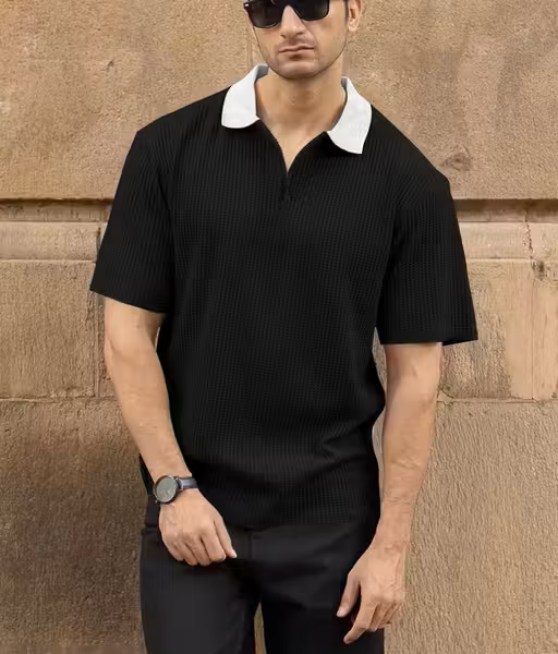 Classic Luxe Black Polo With White Collar Zipper edition